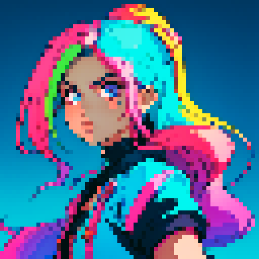 cool long hair guy with vibrant, neon-colored locks, rocking a retro-inspired pixel art hairstyle