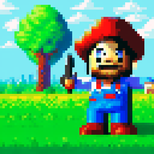 mini pixel man with a red hat and silver sword standing on top of a grassy hill with a blue sky and fluffy white clouds in the background, using a retro 8-bit art style