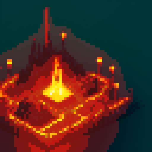 A raging inferno engulfs a tiny metropolis, with sinister skulls appearing in the flames and their ghostly visages haunting the smoke, all rendered in vibrant pixel art