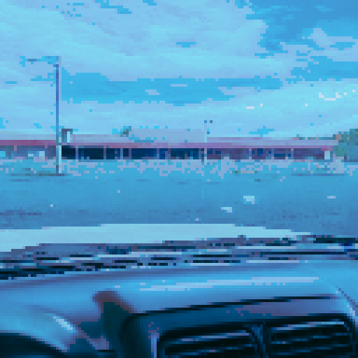 abandoned storefront, dilapidated, broken windows, faded sign, cracked paint, overgrown plants, desolate street, deserted, empty shelves, retro aesthetic, pixelated, vibrant colors, nostalgic, urban decay, graffiti, moody lighting, nostalgic backdrop, sRGB, pixel art, background, landscape