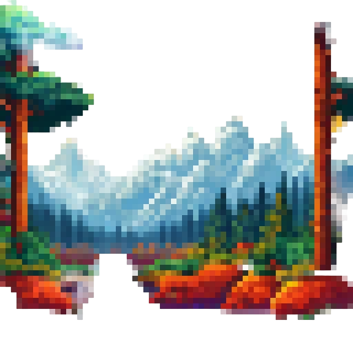 Snow-capped peaks towering over a forest of pine trees, with a river snaking through the foreground in a pixelated, sRGB-style landscape