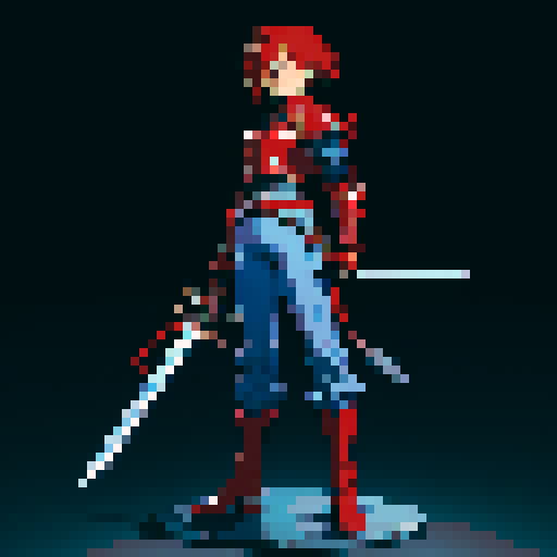 Sprite of a JRPG character with red hair, silver armor, blue pants and black shoes, holding a sword.
