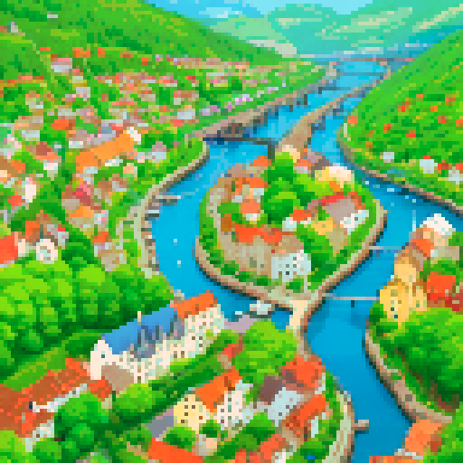 town map, vibrant colors, detailed buildings, winding roads, tall trees, flowing river, rolling hills, quaint shops, bustling market, cozy homes, towering castle, cobblestone streets, lively town square, flickering street lamps, colorful flowers, charming bridges, bustling harbor, distant mountains, clear blue sky