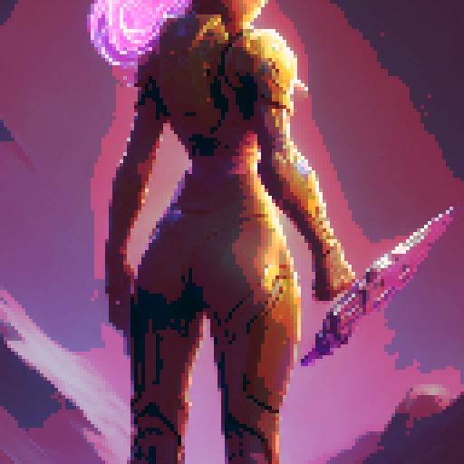 samus-aran type female character with anime eyes, no helmet, arm weapon like samus, medium sexy butt and boobs, standing facing right idle, fantasy RPG pixel character for use in a game