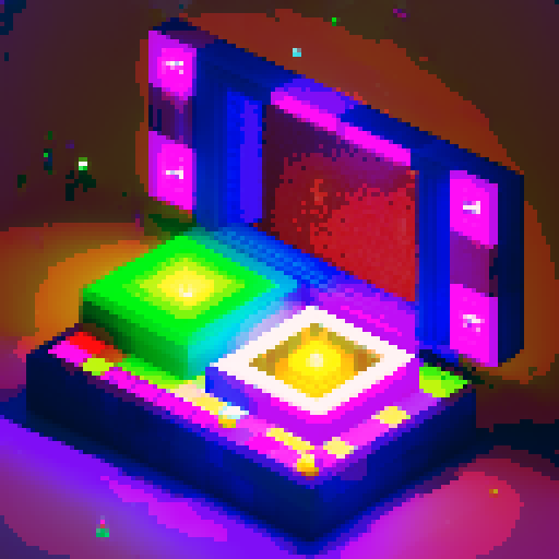 mystery box, pixel art, rare items inside, glowing light, vibrant colors, intricate details