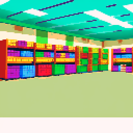 Wholesale building corridor, vibrant African colors, pixel art, sRGB, shelves with food crates