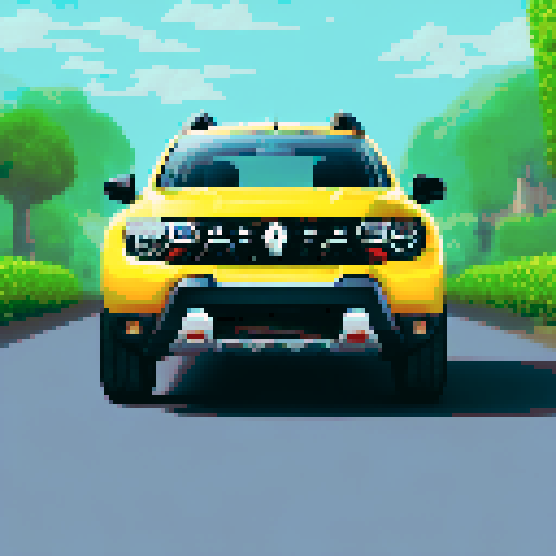 Photorealistic whole Renault Duster centered, three-quarter view, right front wheel, clean background, sRGB colors, pixel art style