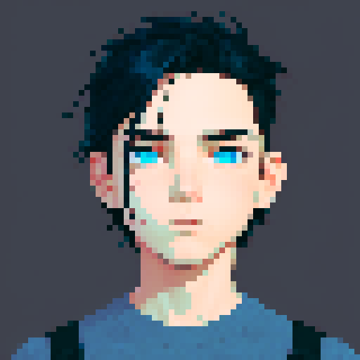 The design should include the following details:
Appearance:
Gender: Male
Age: Young adult
Hair: Near-black deep blue, styled in a way that suggests a cold or icy theme, perhaps with a few strands of hair falling over his forehead.
Eyes: Icy blue, half-closed, giving a calm and introspective expression.
Clothing:
Outfit: Pure black, elegant yet slightly worn and tattered to reflect a long journey. Consider el