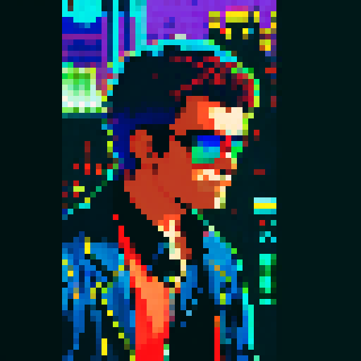 cool guy wearing sunglasses, standing in front of a vibrant pixel art cityscape, with neon lights illuminating the sRGB color palette