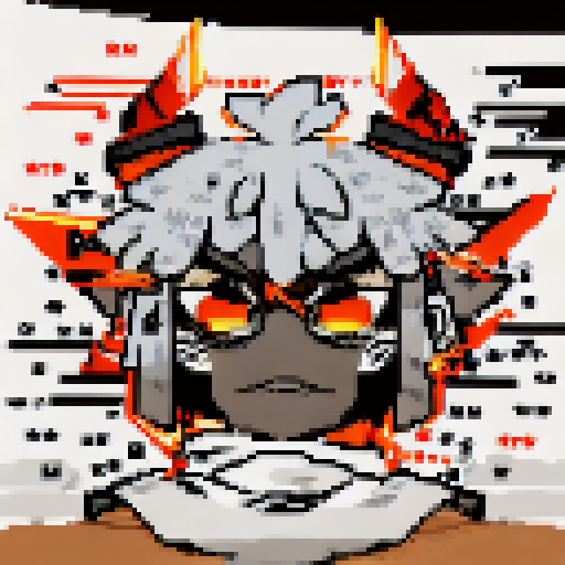 Pixelated caricature of a fierce, samurai warrior with a menacing expression, featuring bold black lines and sharp angles, all rendered in a monochromatic palette.