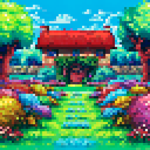 pretty garden with blooming flowers, lush green grass, a quaint stone path, a charming wooden bench, a vibrant rainbow overhead, fluffy white clouds, a gentle breeze rustling the leaves, a colorful butterfly fluttering by, soft sunlight filtering through the trees, delicate petals falling like confetti