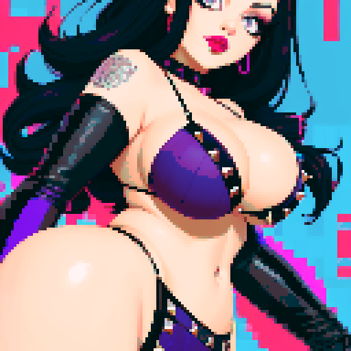 curvy, cute goth woman's face, black hair, purple eyeshadow, red lipstick, studded leather string bikini, face portrait, beauty photo, vibrant sRGB colors, pixel art