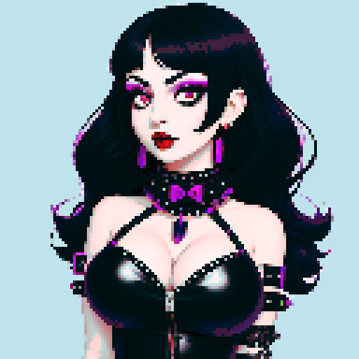 curvy, busty goth girls face, whole head portrait, black hair, purple eyeshadow, red lipstick, low black studded leather halter top, studded collar, vibrant srgb colors, edgy aesthetic