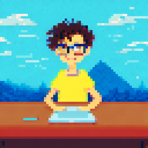 Curly-haired boy with glasses, sitting on a table, explaining something to me, while a front-facing Disney-style bookshelf serves as the background, all rendered in pixel art with a vibrant sRGB palette and a scenic landscape background