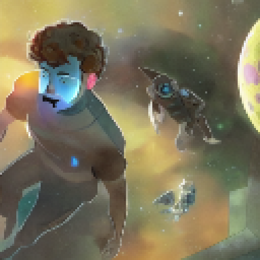 Brown astronaut hovers in the dark space, overlooking the twinkling city lights of Earth below, while a Twitter bird perches on an asteroid and a satellite orbits in the distance; the future is bright with the landscape portrait style.