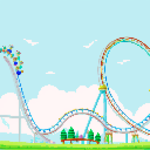 Amusement park, vibrant roller coasters, whimsical carousels, towering ferris wheels, sRGB colors, pixel art
