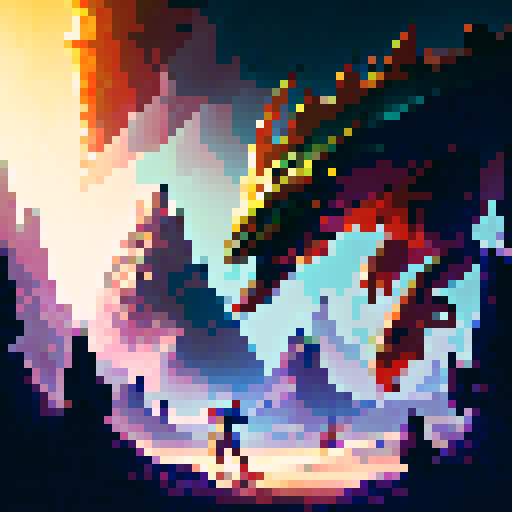 player, mario, wielding a glowing sword, clad in a suit of shining armor, battling fierce dragons and fire-breathing monsters, surrounded by a lush enchanted forest, with majestic castles and towering mountains in the background, all in the style of a fantasy RPG