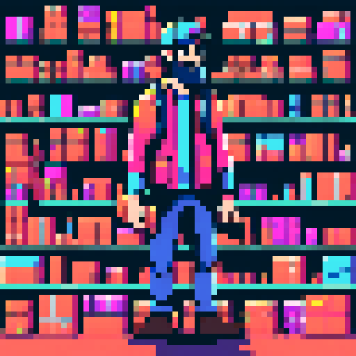 young, bearded male warehouse worker, Amazon Germany, pixel art, sRGB, busy picking and organizing packages, vibrant colors, retro aesthetic, stacks of boxes, conveyor belts, barcode scanners, robotic arms, high-tech machinery, bustling atmosphere, pixelated Amazon logo, fluorescent lighting, dynamic movement, pixelated barcode labels