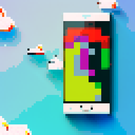 A sleek, black smartphone with a vibrant, neon screen displaying a pixel art cityscape surrounded by pixelated clouds and a stylized sun