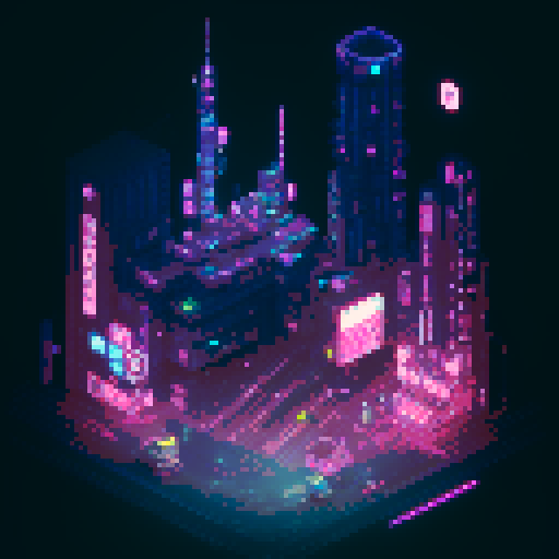 isometric 3D perspective, anime girl hovering in street, Japanese cyberpunk, neon lights, futuristic cityscape, dark colors, pixel art

