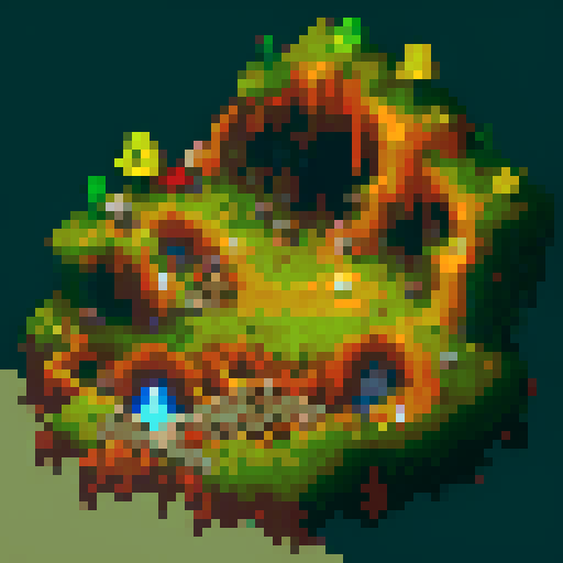 Cave entrance with stalactites and stalagmites, valuable gems, glowing mushrooms, moss-covered rocks leading to a hidden treasure, pixel art