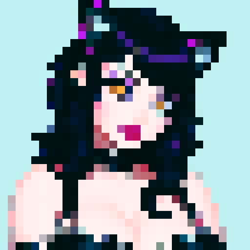curvy, cute goth cat girl face, black hair, purple eyeshadow, red lipstick, studded leather, face portrait, glamour shot, vibrant sRGB colors, pixel art