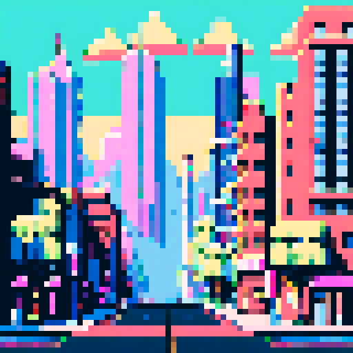 Towering skyscrapers, bustling streets, blocky pixelated buildings, natural color, retro video game vibes, 8-bit art style, ARNE32 palette, pixel art