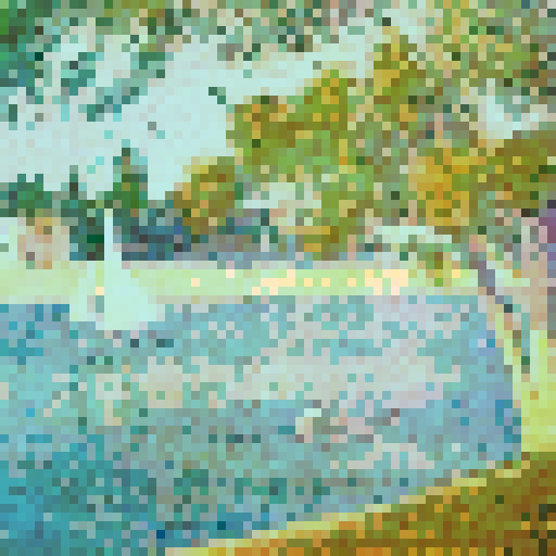 Mimic Georges Seurat’s pointillist technique by translating the details of the image into small, evenly spaced pixels with soft, blended colors. Focus on subtle, muted tones to evoke Seurat’s impressionist style, creating a calm and serene atmosphere. Ensure that the pixelated image reflects the original composition but maintains the abstract, dotted feel of pointillism, while avoiding vivid or harsh colors, opting instead for smooth, harmonious transitions between shades.