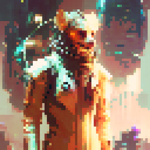 futuristic cyberpunk. A fierce warrior with a laser sword and cybernetic enhancements, standing on a neon-lit rooftop overlooking a sprawling, dystopian cityscape.