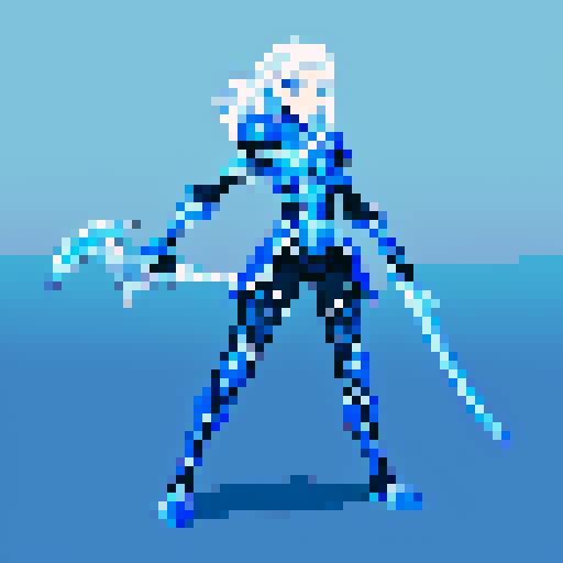 tall, slender human, silver hair, ice-blue eyes, midnight-blue armor, rune engravings, mystique, power, pixel art, sRGB, girl, 2D game stance, fantasy clothing
