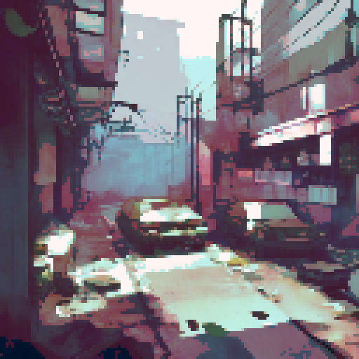 Desolate, rusted pipes and broken concrete walls, flickering neon lights casting eerie shadows in the abandoned, post-apocalyptic city building's dark, industrial interior