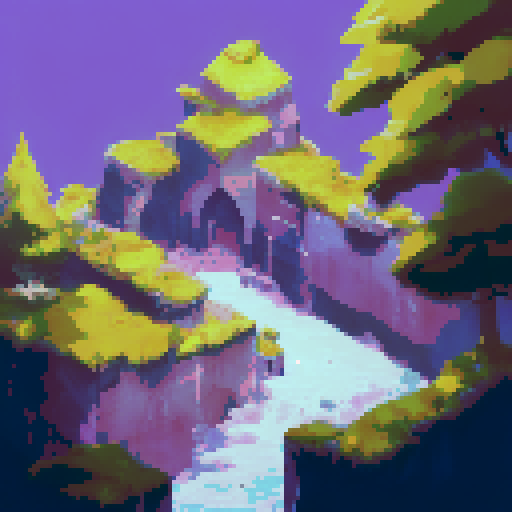 a grey walled village at the base of a tall sheer grey stone cliff, falling snow, pale white moon, night, stars