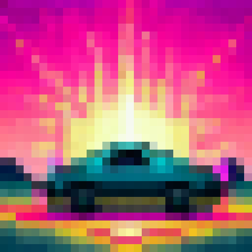 Bright neon cars race on a retro Commodore 64 track with pixelated mountains and a sunset sky in 32x32 skill art.