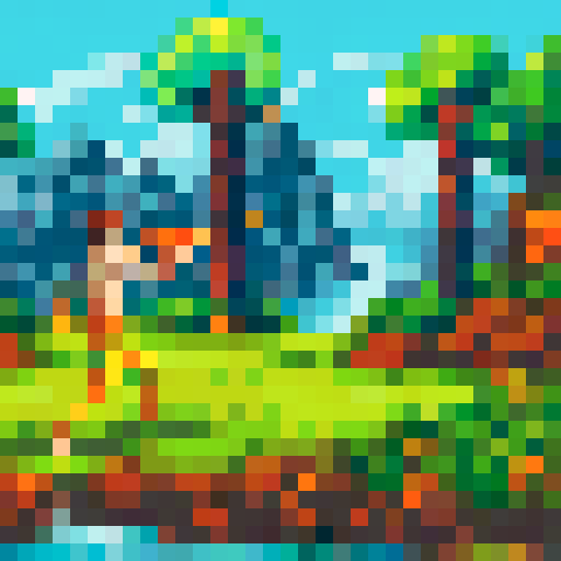 faceless nude human in yellow, wielding bow, targeting animal, surrounded by greenery, pixel art, sRGB