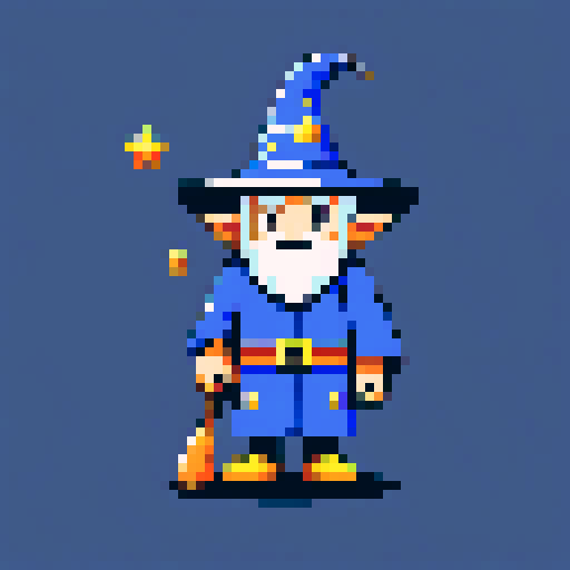 Create a pixel art character of a whimsical wizard
. The wizard should wear a blue robe covered with yellow stars and a matching pointy hat. He should have a playful grin