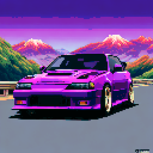 dark purple Nissan s13 240SX drifting, night, Japanese mountains, sRGB, pixel art, background, landscape