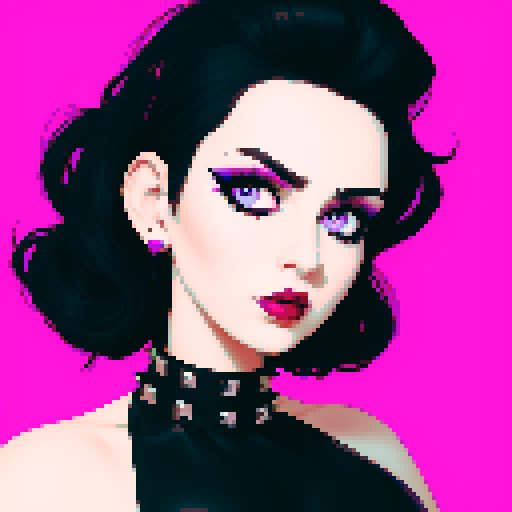 curvy, cute busty greaser goth woman's face, whole head portrait, medium length black hair, purple eyeshadow, red lipstick, low cut black studded leather halter top, studded collar, vibrant sRGB colors,