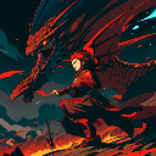 red dragon, fiery scales, sharp claws, fierce expression, towering presence, detailed pixel art, vibrant colors, textured scales, intricate patterns, glowing eyes, majestic wings, powerful tail, smoke billowing from nostrils