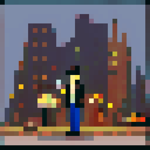 1920s detective, fedora-wearing, trench coat-clad, holding a magnifying glass, exploring a dimly lit alley, with flickering street lamps, amidst a backdrop of skyscrapers and vintage cars, all depicted in pixel art