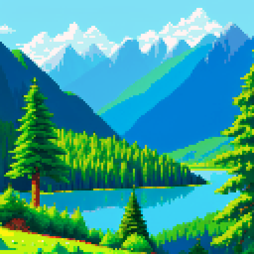 mountains looming, tall evergreens, shimmering lake, pixelated landscape
