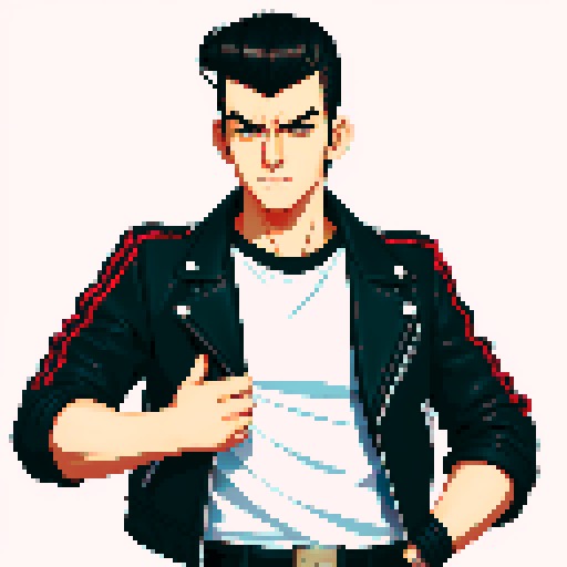 Tough Greaser wearing motorcycle jacket with pompadour hairstyle, in a semi-anime style. portrait, face avatar, sRGB colors.