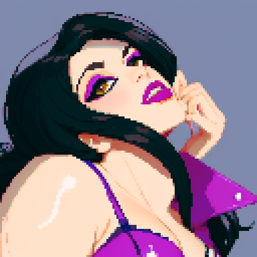 curvy, cute goth girl face, black hair, purple eyeshadow, red lipstick, leather bikini, exposed nipples,  face portrait, glamour shot, vibrant sRGB colors, pixel art