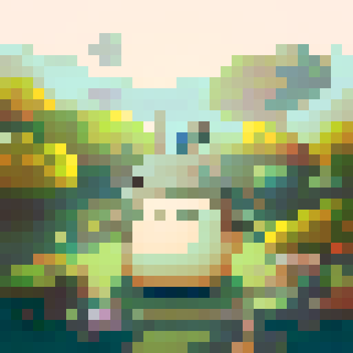 Totoro character, fluffy and chubby, with big round eyes, rendered in vibrant colors, showcasing intricate pixel art details