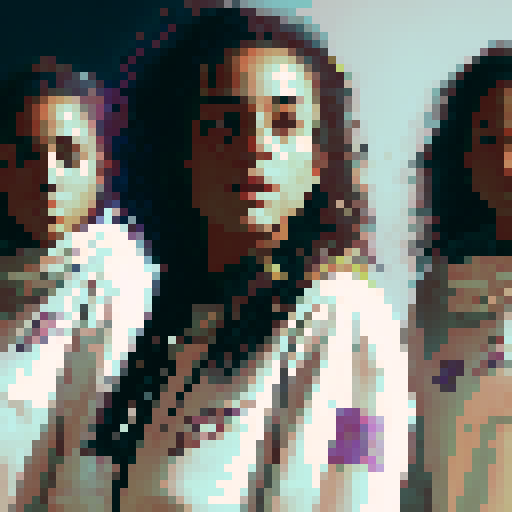 a row of girls looking at the camera in long white t-shirt and golden masks of egyptian kings