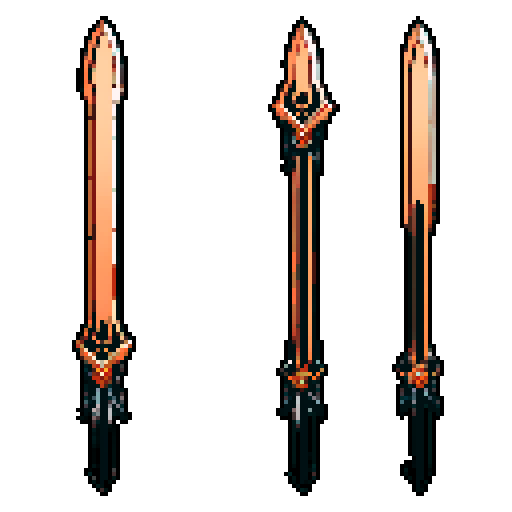 I want a tall vertical copper structure reminiscent of an sword that can channel energy. It should have strange mechanical details that could interlock with each other. I also want this object usable as an asset in a videogame, meaning only one object per image, outlined with a strong black stroke, on a solid-color background.