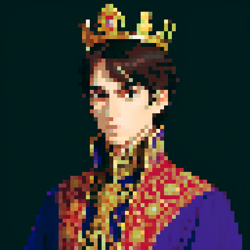 prince, regal, crown, majestic, sharp features, solver accents, royal robe, intricate embroidery, game icon, 32x32 pixel art, sRGB, skill art, close up, portrait, detailed