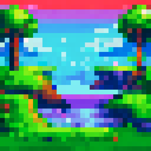 Vibrant green blades, tightly packed and uniform in height, form the seamless carpet of a game's floor, rendered in pixel art style with sRGB color palette, nestled against a backdrop of a majestic and sprawling landscape