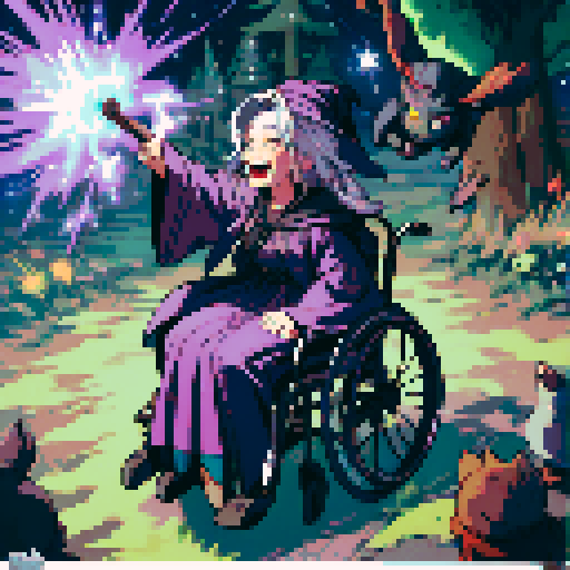 Wheelchair bound, witch, broomstick, cauldron, black cat, moonlit night, swirling clouds, glowing potions, pointed hat, long flowing robes, crooked nose, cackling laughter, magical sparks, enchanted forest, glowing eyes, stars in the sky, pixelated charm, vibrant colors