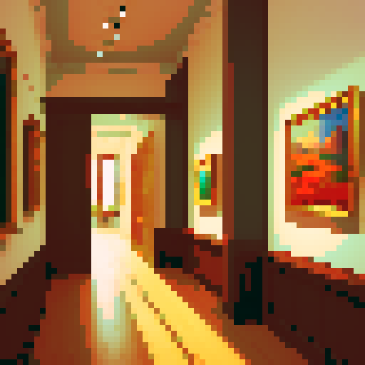 a warm and cozy art gallery with several paintings in view