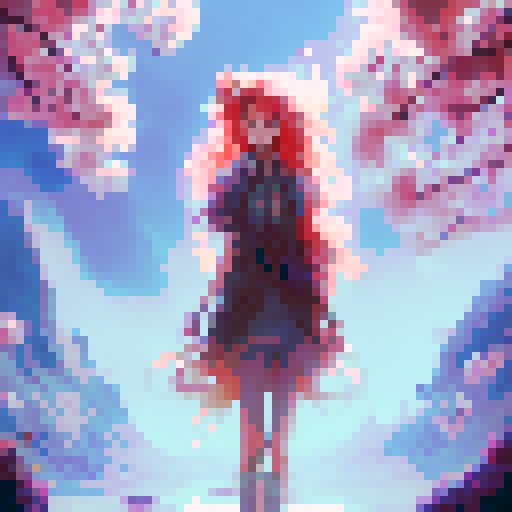 anime redhead girl with flowing, fiery hair, standing gracefully in a whimsical cherry tree field, surrounded by vibrant blossoms and a soft, ethereal glow, capturing the essence of a magical fantasy RPG world